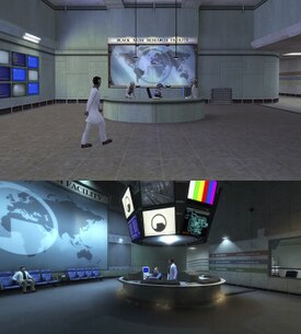 Comparison of the Anomalous Materials lobby room in Half-Life (top) and Black Mesa (bottom) Black Mesa and Half-Life comparison, anomalous materials, lobby room.jpg