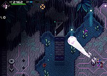 In-game, players solve puzzles using different elemental tools, such as this shock charge. CrossCode gameplay.jpg