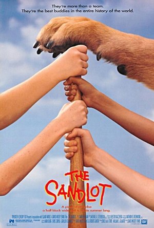 Four children hold a baseball bat with the paw of a dog resting on the top of it. The film's tagline on top reads 