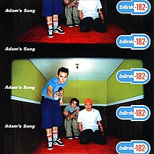 A photograph, designed like a film strip, of three men standing in a room illuminated by a solitary lightbulb.