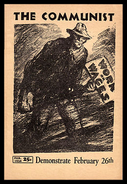 The cover of the February 1930 issue of the CPUSA's theoretical magazine ran with a cancelled earlier date for the International Unemployment Day demonstrations. Communist-march1930.jpg