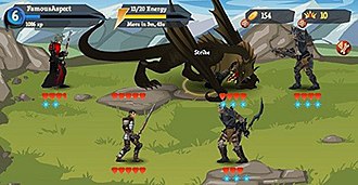 In this gameplay screenshot, the player character is fighting enemy creatures known as Darkspawn. A dragon-like winged beast called a drake is also present on the battlefield DragonAgeLegendsSS.jpg