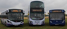 Alexander Dennis Enviro 200 MMC, Volvo B9TL/Wright Eclipse Gemini 2 & Alexander Dennis Enviro 300 at the Essex Bus Rally in July 2019 First Essex Basildon Bus Rally.jpg