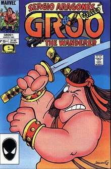 A cartoonish drawing of Groo holding a sword