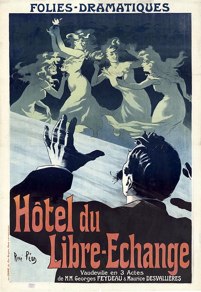 Theatre poster depicting young women in white nightdresses and confused man watching them