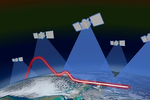 Hypersonic weapon, demonstrating its non-parabolic trajectory (denoted in red), has a distinctive signature which is being tracked by one of the layer