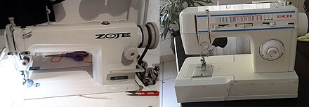 Industrial sewing machine (left), domestic sewing machine (right)