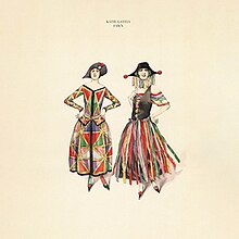 A drawing of two women in colorful clothing