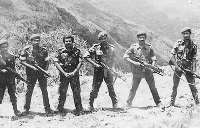 LTTE leaders at Sirumalai camp, Tamil Nadu, India in 1984 while they are being trained by RAW (from L to R, weapon carrying is included within bracket