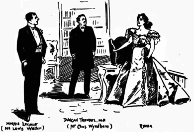 Indoor scene in the library of a large town house: a man in Victorian evening clothes confronts a man and a woman, ditto