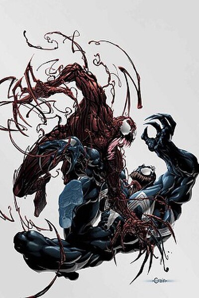 Two most enduring symbiotic characters, Venom (below) and its offspring Carnage (above), battling each other in the textless cover of Venom vs. Carnag