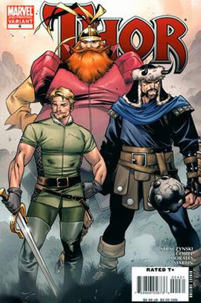Hogun the Grim (right) of the Warriors Three. Art by Olivier Coipel.