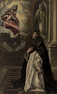 Apparition of the Virgin and Child to Saint Hyacinth, by El Greco, c. 1605-1610, Oil on canvas, 62 3/8 x 38 7/8 in. (158.4 x 98.7 cm). Barnes Foundation. Apparition of the Virgin and Child to Saint Hyacinth, painting by El Greco - Barnes Foundation.jpg