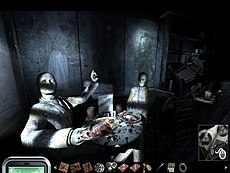 Items in the inventory are laid out across the bottom of the screen. The Inspector's mobile phone is on the left side of the screen, If the player clicks on the top of the phone, the entire phone appears in the display, allowing access to various options. Dark Fall III gameplay.jpg