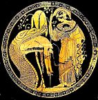 Athena wears the ancient form of the Gorgon head on her aegis, as the huge serpent who guards the golden fleece regurgitates Jason; cup by Douris, Classical Greece, early fifth century BC (Vatican Museum)