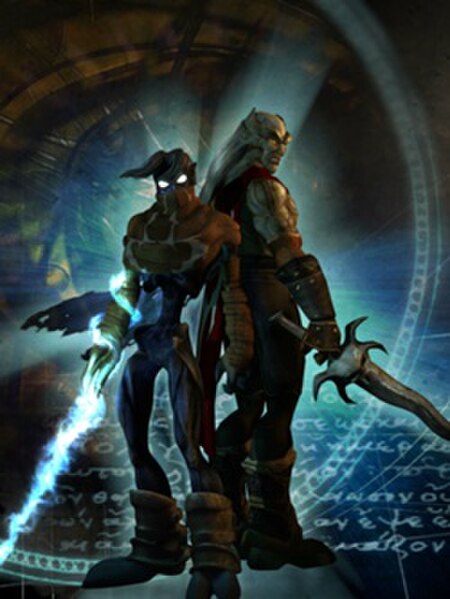 Raziel (left) and Kain (right) as they appear in Legacy of Kain: Defiance. Both are armed with the Soul Reaver sword.