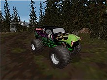 Monster Truck Madness 2 features licensed monster trucks such as Grave Digger, shown here on "The Heights" track. MTM2 gravedigger.jpg