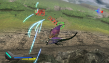 A screenshot of protagonist Orta and her dragon battling a swarm of creatures