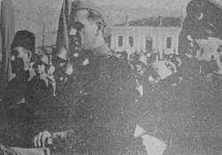 Meeting of Bulgarian soldiers and Macedonian partisans in Prilep, on 9 September coup d'etat. The commander of the garrison, Colonel Dimitar Mladenov [bg], refused to withdraw and remained in the city with the guerrillas, managing to hold it for 12 days, blocking the movement of the German troops. Prilep1944.jpg