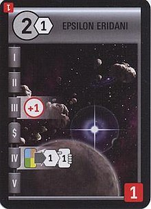 A possible starting world from the base game, Epsilon Eridani. This world is worth 1 victory point and has powers during the settle and consume phases (III and IV). Race for the Galaxy -- Epsilon Eridani.jpg