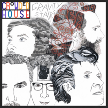 The five members of Crowded House's faces drawn facing different directions in the style of the Beatles' Revolver cover artwork