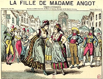 Impression colorée montrant une scène d'opéra, avec deux jeunes femmes en costume du début du XIXe siècle s'affrontant devant une foule