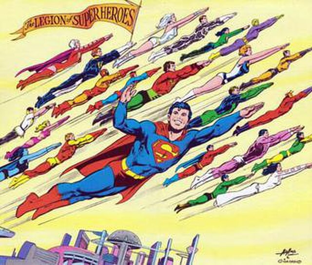 The Legion of Super-Heroes as seen in the 1976 DC Calendar. Art by Neal Adams and Dick Giordano.