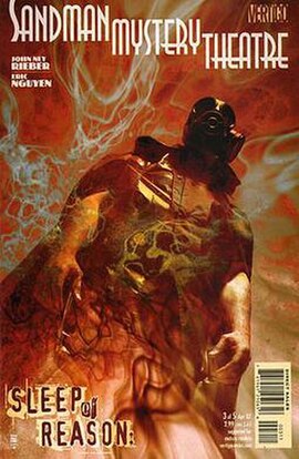 Kieran Marshall as the Sandman on the cover of Sandman Mystery Theatre: Sleep of Reason #3. Art by Tim Bradstreet.