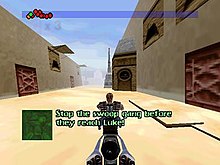 Protagonist Dash Rendar rides a swoop bike in a high-speed chase sequence. Shadowsoftheempire gameplay.jpg