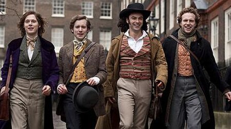 Publicity still portraying (left to right) Samuel Barnett as John Everett Millais, Sam Crane as Fred Walters, Aidan Turner as Dante Gabriel Rossetti, 