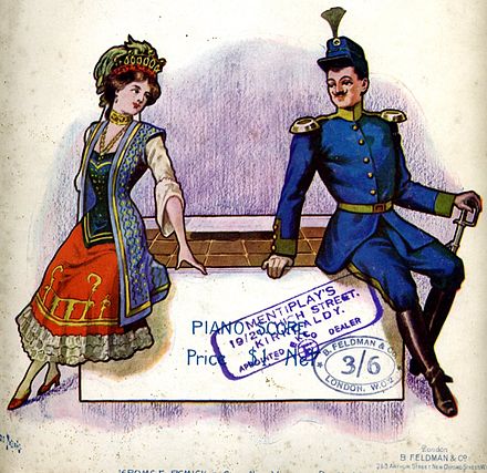 Cover of the Piano Score for the light opera The Chocolate Soldier, based on George Bernard Shaw's Arms and the Man – both of which make fun of armies and militarist virtues and present positively a deserter who runs away  from the battlefield and who carries chocolate instead of ammunition.