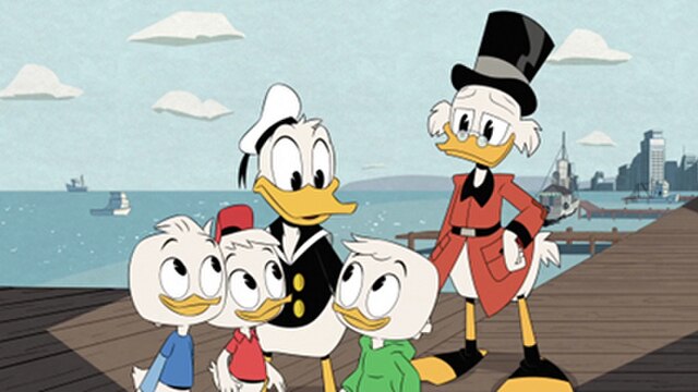Left to right: Dewey, Huey, Donald Duck, Louie, and Scrooge McDuck, as they appear in the series.