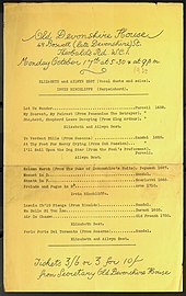 A programme of music by Purcell, Handel, Pepush, Scarlatti, Arne and Durant performed by Elizabeth and Ailwyn Best (Vocal duets and solos) and Irvin Hinchcliffe Harpsichord on 17 October 1938 in Old Devonshire House Programme of music played at Old Devonshire House in 1938.jpg