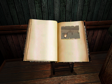 A linking book as seen in realMyst. By touching the animated panel, players are warped to the Age described. Realmyst linking book.png