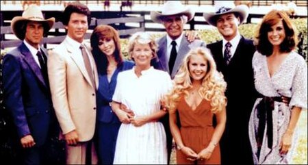 The original Ewing family. From left to right: Ray Krebbs, Bobby, Pamela, Miss Ellie, Jock, Lucy, J.R. and Sue Ellen.