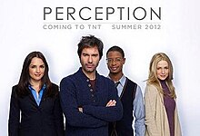 The cast of Perception: (l-r) Rachael Leigh Cook, Eric McCormack, Arjay Smith and Kelly Rowan Perception (2012 TV series).jpg