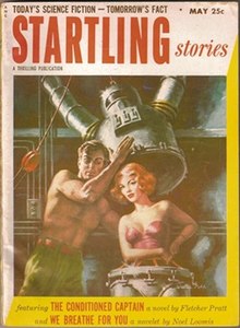 The May 1953 cover, by Walter Popp, demonstrates the sober look the magazine acquired later in its life, with a staid title typeface and slightly more realistic cover art Startling Stories 1953 May cover.jpg