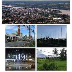 From top, left to right: Aerial view of urban Butuan, Robinsons Place Butuan, flagpole area of the Butuan Polysports Complex, fountains at the Guingona Park, and a view of the Magsaysay Bridge.