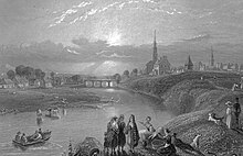Irvine circa 1870. The Old parish kirk, manse and gunpowder magazine are prominent on the right bank of the river. Irvineview1870.jpg