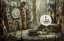 A screenshot from Machinarium, demonstrating the hand-drawn backgrounds and the communication of objectives through pictorial thought bubbles Machinarium-ss.png