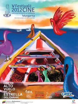 Poster of FilMar, showing a boat with flags and colorful pelicans, and the 2012 fest logo.jpg