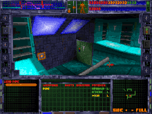 The player character looks at the door below while wielding a lead pipe. The character's health and energy are displayed at the top right; manipulable readouts to the left of them determine the character's posture and view angle. The three "multi-function display" windows at the bottom depict weapon information, the inventory and an automap, respectively. SHOCK001.GIF