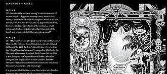 The Annotated editions contain full size reproductions of the comic in black-and-white, with Klinger's annotations on wide margins next to each page. The Annotated Sandman Vol. 1, Special Sneak Preview Panel.jpg