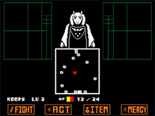Undertale employs a bullet hell/turn-based combat system in which the player controls the heart, avoiding attacks from enemies in between fighting, acting and sparing enemies, or healing. Undertale Combat Example.png