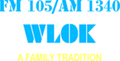 Les lettres stylisées au pochoir "WLOK" en bleu.  Au-dessus d'eux, en différentes lettres au pochoir, le texte "FM 105/AM 1340".  En dessous, en jaune, "Une tradition familiale".