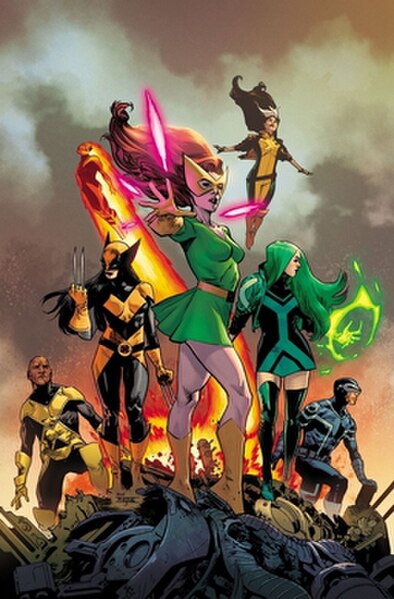 Variant cover of X-Men (Vol. 6) #2 (October 2021) depicting the first elected Krakoan X-Men team (clockwise from left): Synch, X-23, Sunfire, Marvel G