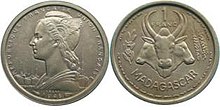 1 franc 1948 1948 Madagascar 1 franc coin.JPG