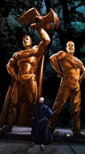 Lex Luthor stands before the Superman and Superboy memorials in Centennial Park, based on New York's Central Park.