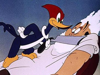 Woody Woodpecker and his captive client in The Barber of Seville (1944), directed by Shamus Culhane.