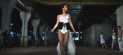 A screenshot from the music video of "Love", showing Inna between two parties of people dressed in black and white. According to a reviewer, the clip portrays a fight between good and evil, with the singer linking the two worlds by sporting a dress containing colors from both parties. InnaLoveScreenShot.png